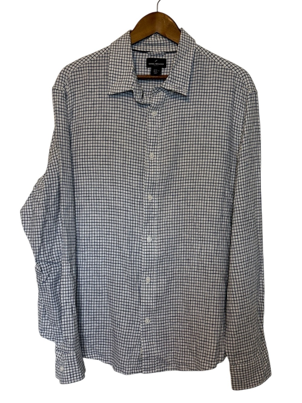 Daniel Hechter Paris Long Sleeve Button Up Shirt Check Linen Blend Navy White XL